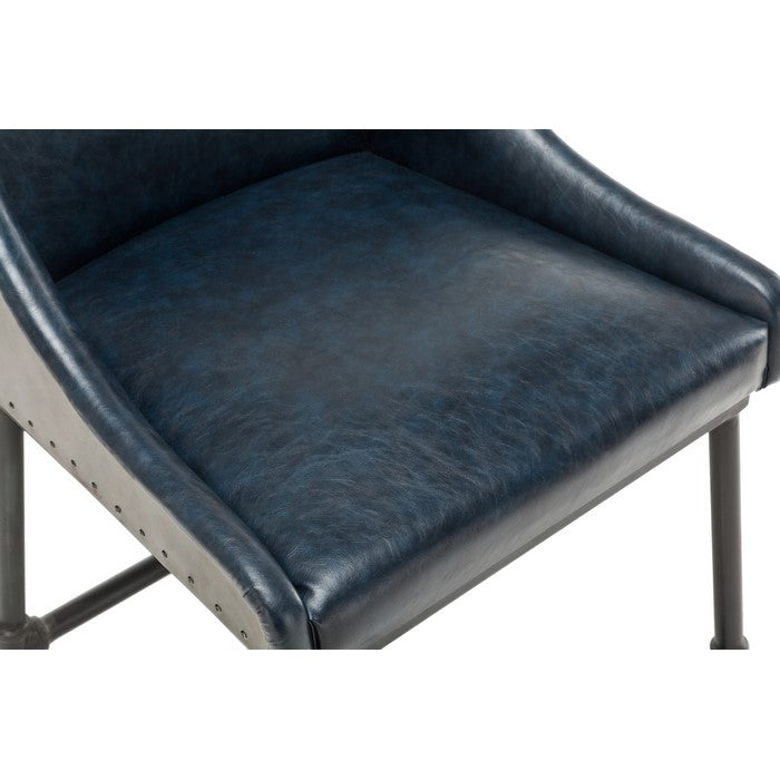 Leatherette Bar Stool with Riveted Metal Backing, Blue and Black