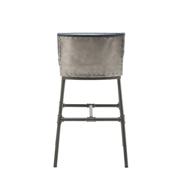 Leatherette Bar Stool with Riveted Metal Backing, Blue and Black