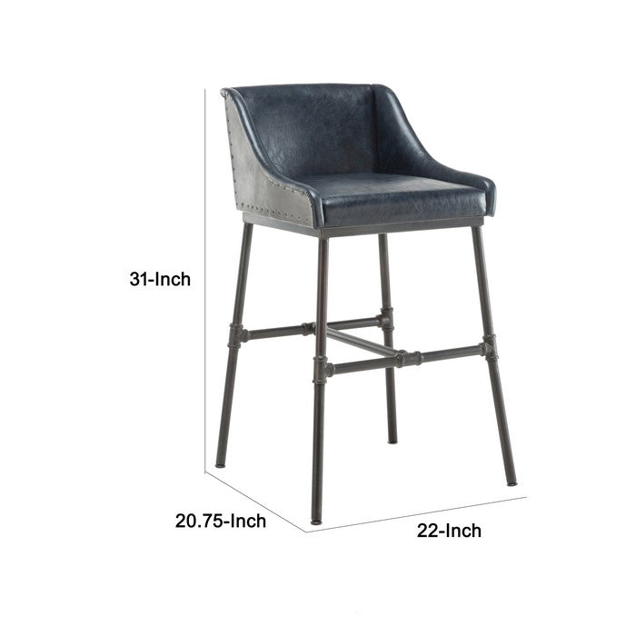 Leatherette Bar Stool with Riveted Metal Backing, Blue and Black