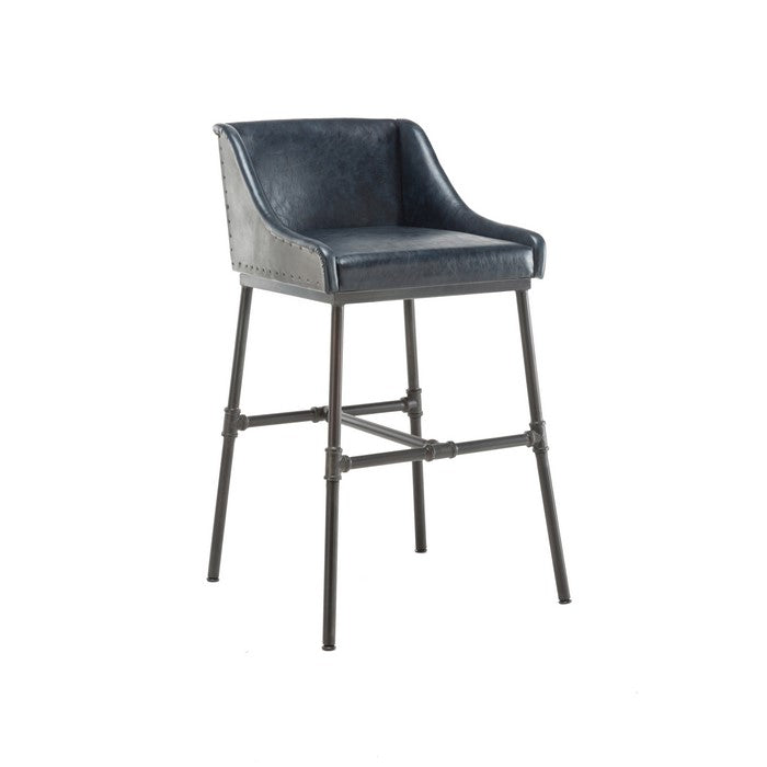 Leatherette Bar Stool with Riveted Metal Backing, Blue and Black