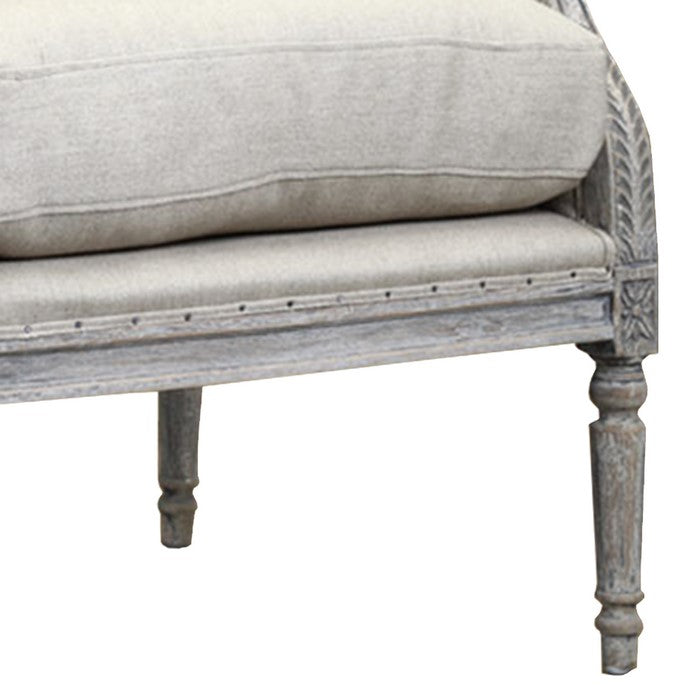 Hand Carved Wooden Armchair with Fabric Upholstered Seating, Gray