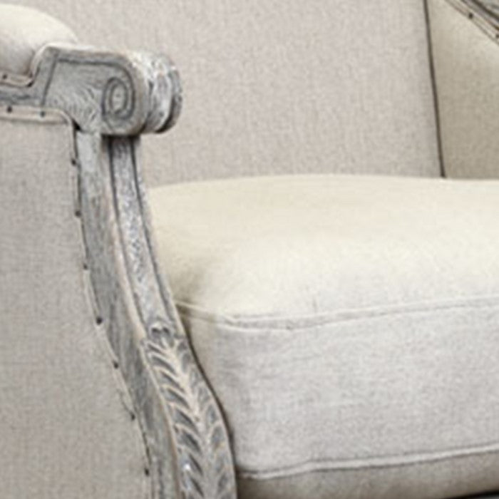 Hand Carved Wooden Armchair with Fabric Upholstered Seating, Gray