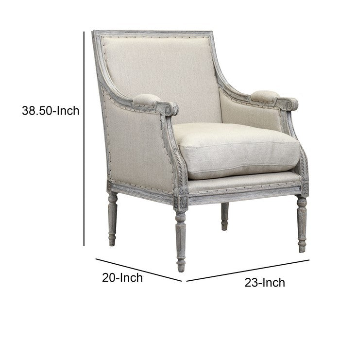 Hand Carved Wooden Armchair with Fabric Upholstered Seating, Gray