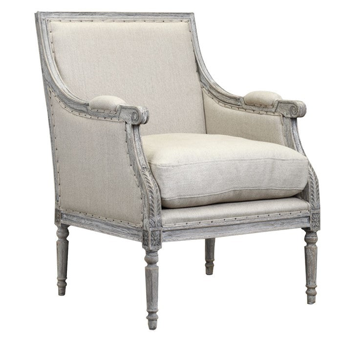 Hand Carved Wooden Armchair with Fabric Upholstered Seating, Gray