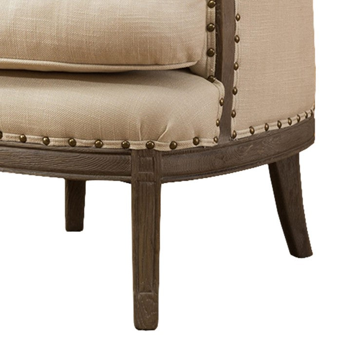 Demi Wing Back Fabric Upholstered Accent Chair, Cream and Oak Brown