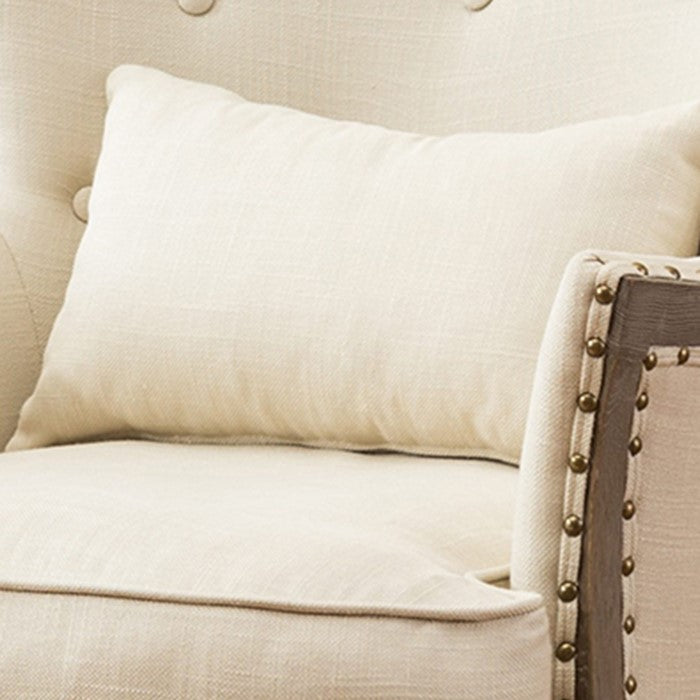 Demi Wing Back Fabric Upholstered Accent Chair, Cream and Oak Brown