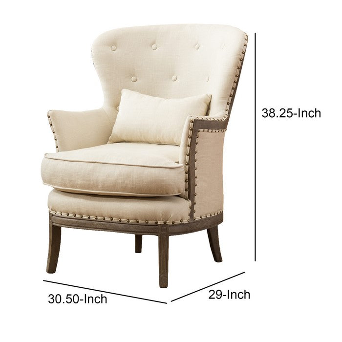 Demi Wing Back Fabric Upholstered Accent Chair, Cream and Oak Brown