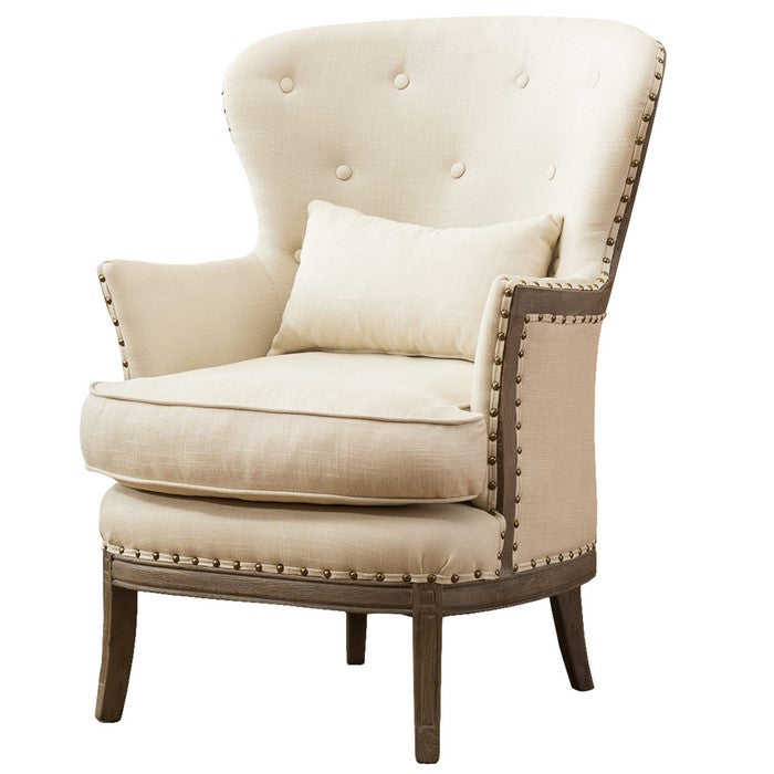 Demi Wing Back Fabric Upholstered Accent Chair, Cream and Oak Brown