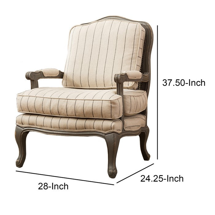 Striped Fabric Upholstered Arm Chair with Cabriole Legs, Cream and Brown