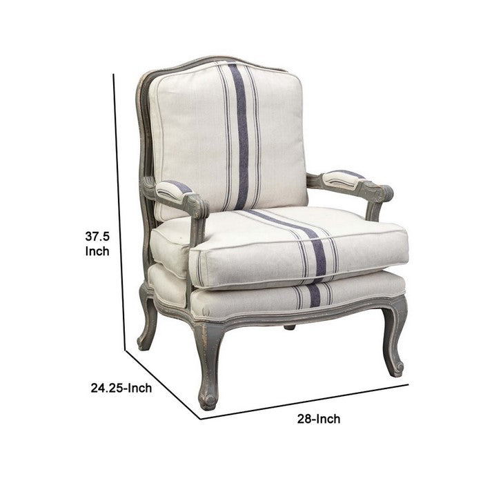 Fabric Upholstered Striped Accent Chair with Cabriole Legs, White and Blue