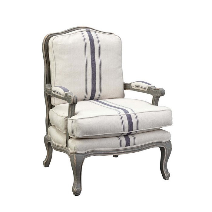 Fabric Upholstered Striped Accent Chair with Cabriole Legs, White and Blue