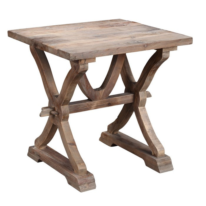 Wooden Side Table with Braces and Trestle Base, Brown