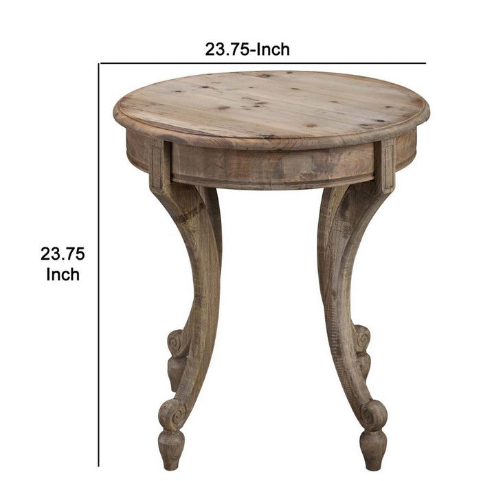 Round Grained Wooden Frame Side Table with Bow Tapered Legs, Brown