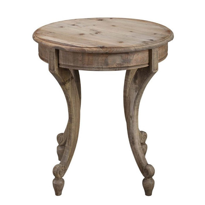 Round Grained Wooden Frame Side Table with Bow Tapered Legs, Brown