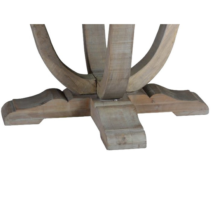 Round Grained Wooden Dining Table with Open Pedestal Base, Distressed Gray