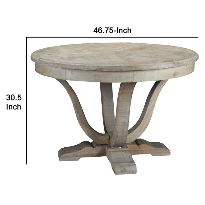 Round Grained Wooden Dining Table with Open Pedestal Base, Distressed Gray