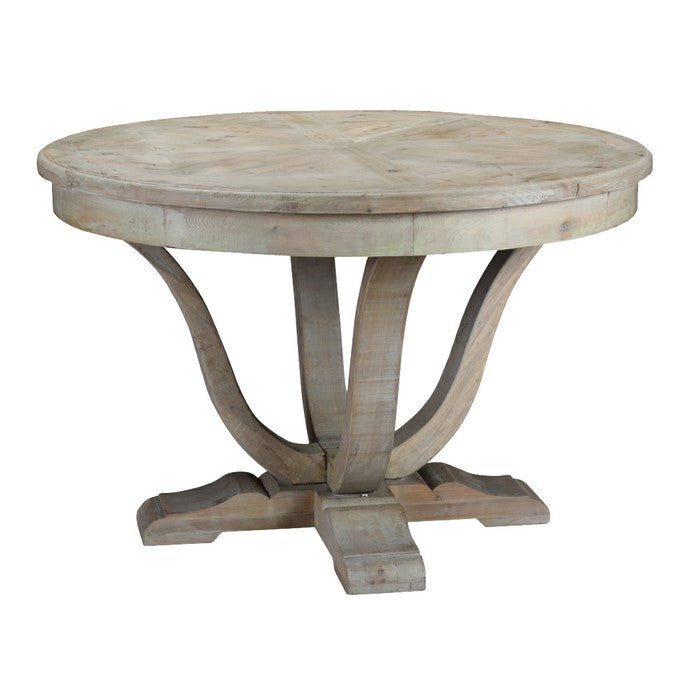 Round Grained Wooden Dining Table with Open Pedestal Base, Distressed Gray