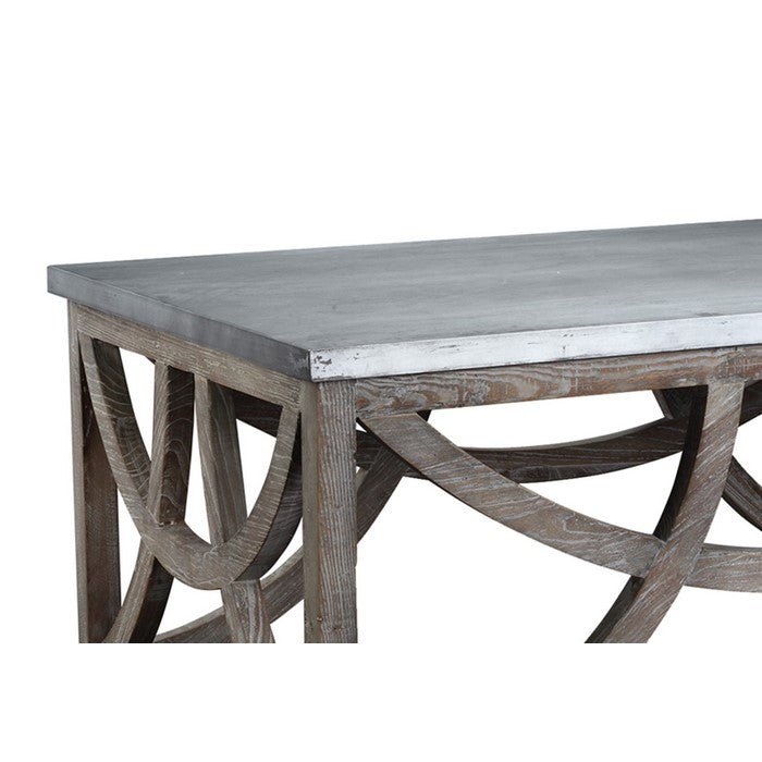 Metal Top Wooden Frame Coffee Table with Crisscross Design, Gray