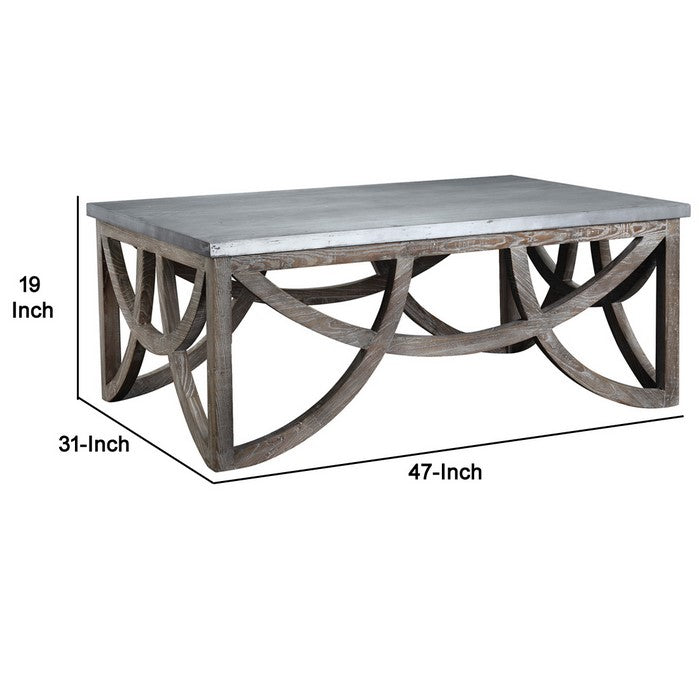Metal Top Wooden Frame Coffee Table with Crisscross Design, Gray