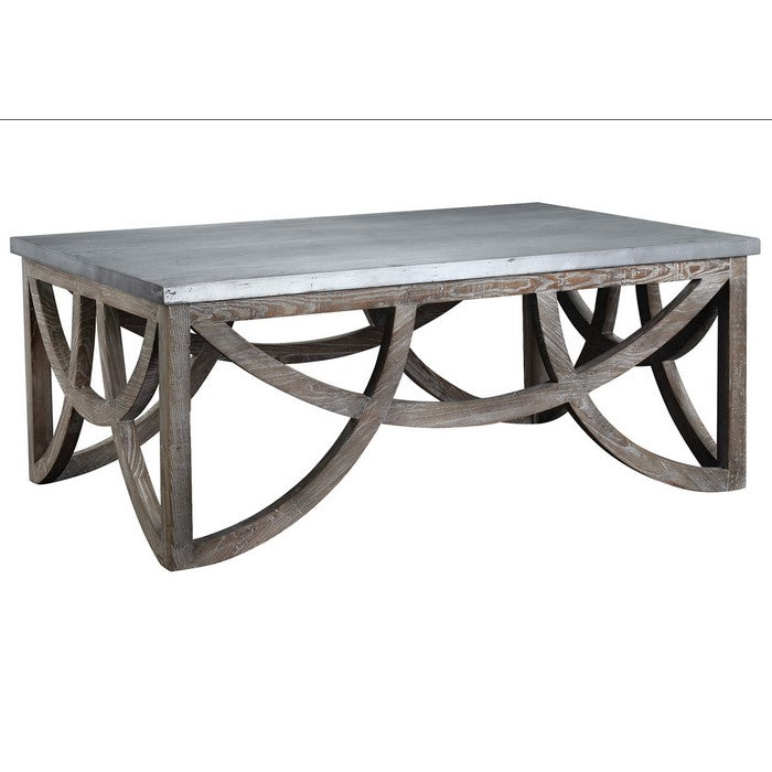 Metal Top Wooden Frame Coffee Table with Crisscross Design, Gray