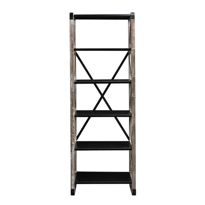 Ladder Style Wooden Bookcase with 6 Shelves, Brown and Black
