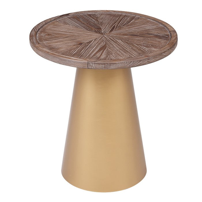 Round Wooden Top Corner Table with Metal Conical Base, Small,Brown and Gold