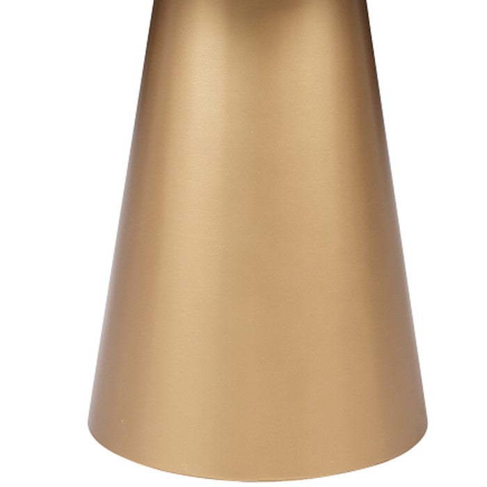 Round Wooden Top Corner Table with Metal Conical Base, Small,Brown and Gold