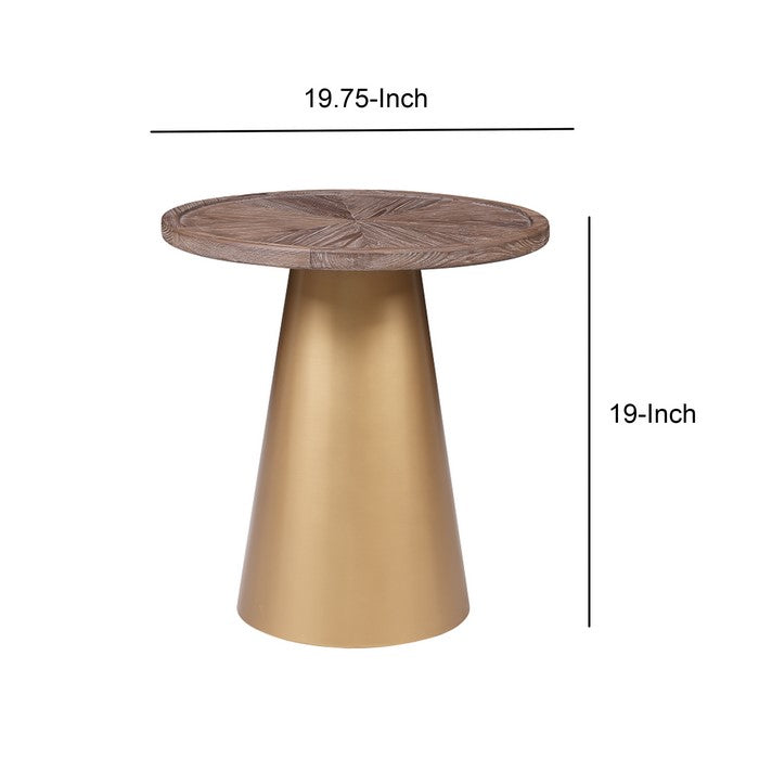 Round Wooden Top Corner Table with Metal Conical Base, Small,Brown and Gold