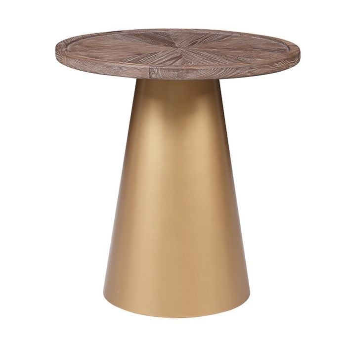 Round Wooden Top Corner Table with Metal Conical Base, Small,Brown and Gold