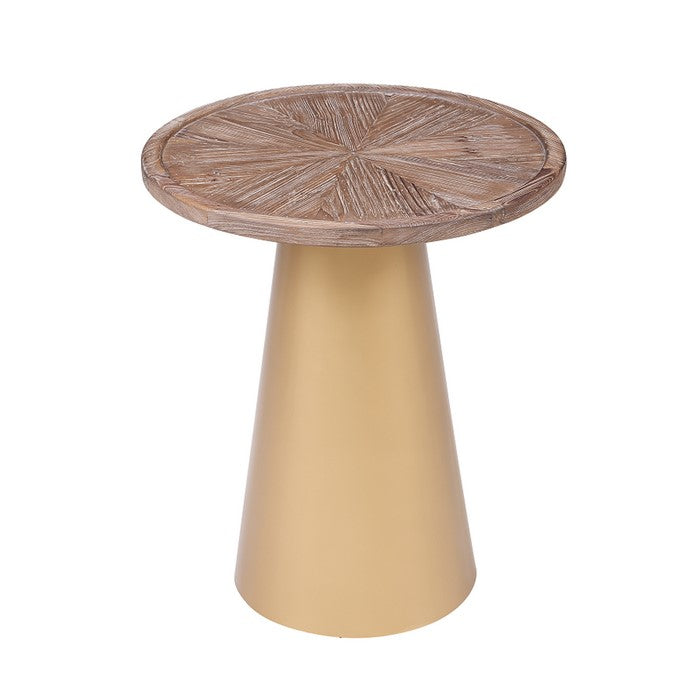 Round Wooden Top Corner Table with Metal Conical Base, Large,Brown and Gold