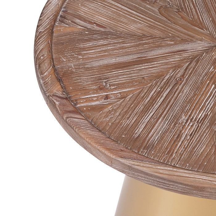 Round Wooden Top Corner Table with Metal Conical Base, Large,Brown and Gold