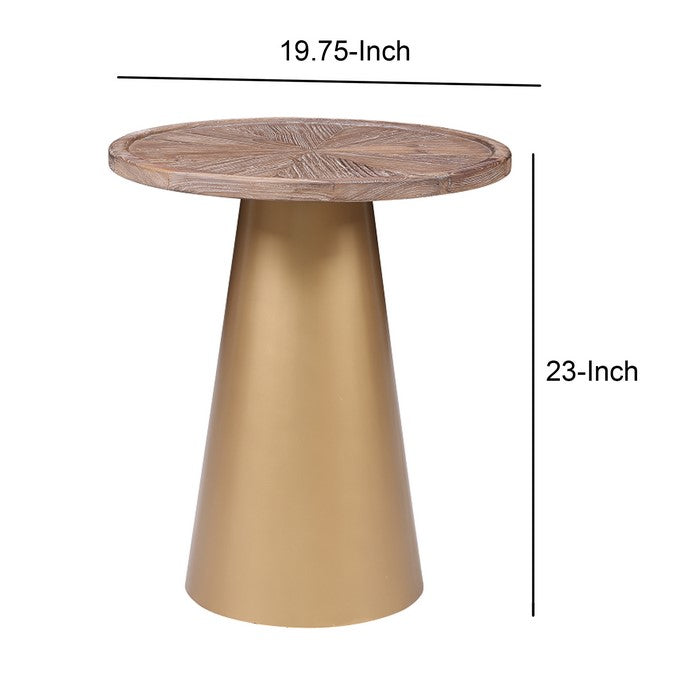 Round Wooden Top Corner Table with Metal Conical Base, Large,Brown and Gold