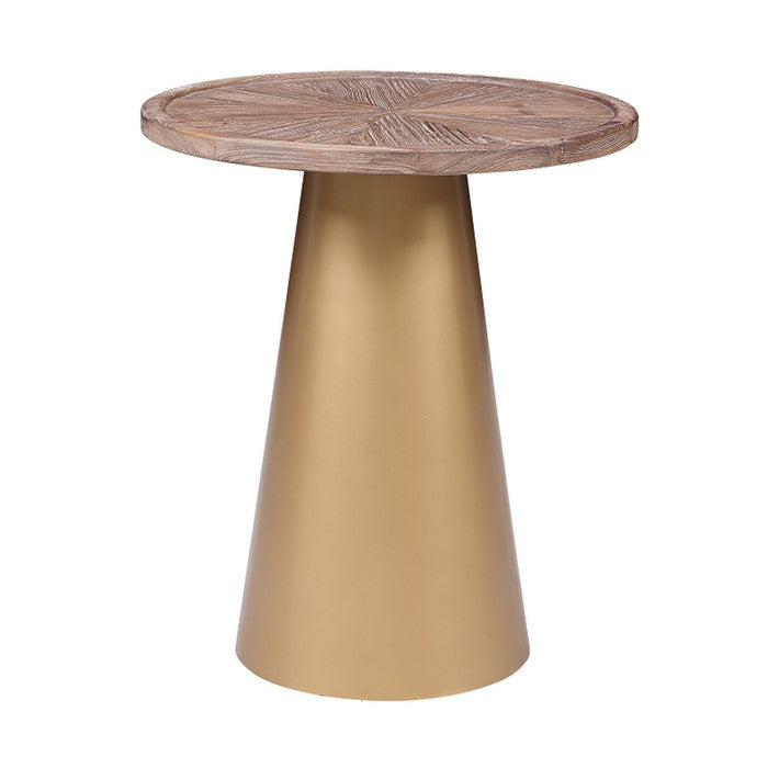 Round Wooden Top Corner Table with Metal Conical Base, Large,Brown and Gold