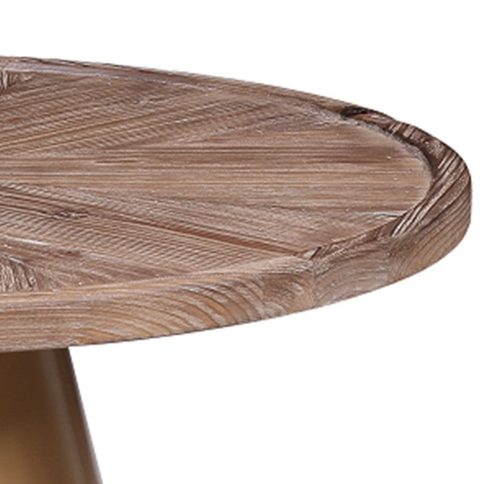 Round Wooden Top Coffee Table with Metal Conical Base, Brown and Gold