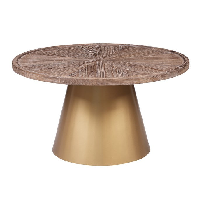 Round Wooden Top Coffee Table with Metal Conical Base, Brown and Gold