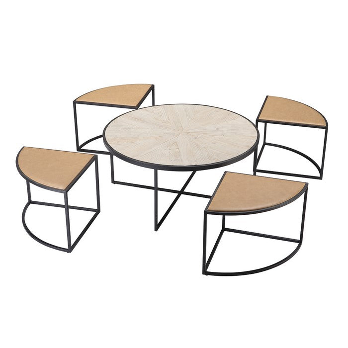 Round 5 in 1 Coffee Table with Nested Leatherette Sectional, Brown and Black