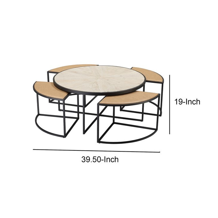 Round 5 in 1 Coffee Table with Nested Leatherette Sectional, Brown and Black