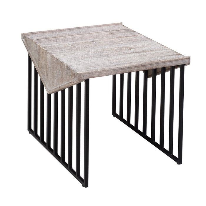 Rectangular Wooden Corner Table with Sled Wire Base, Small,Gray and Black