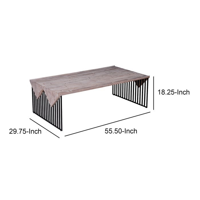 Rectangular Wooden Coffee Table with Sled Wire Base, Gray and Black