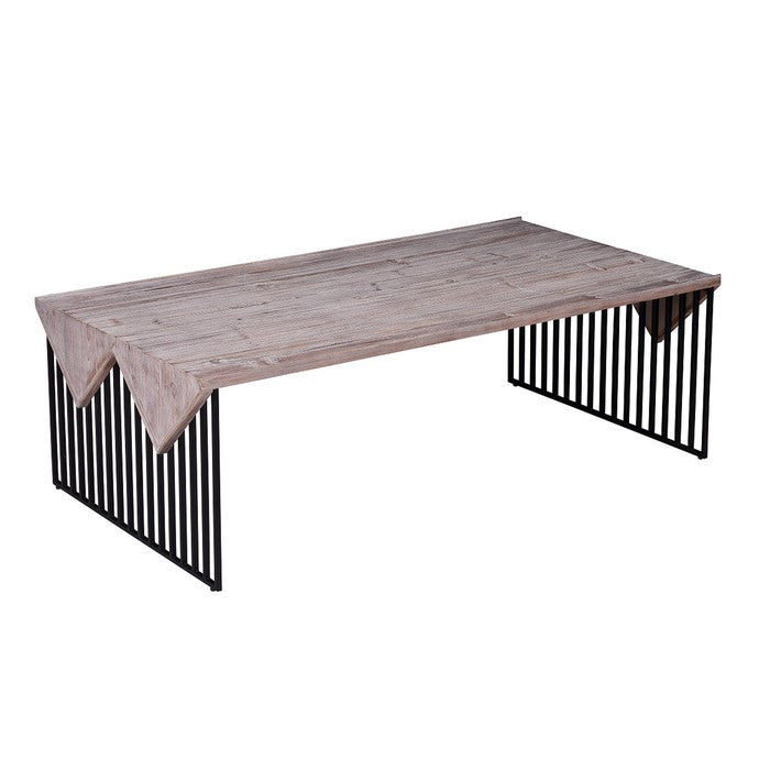 Rectangular Wooden Coffee Table with Sled Wire Base, Gray and Black