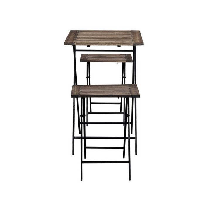 3 Piece Foldable Wood and Metal Dining Set with X Frame Leg,Brown and Black