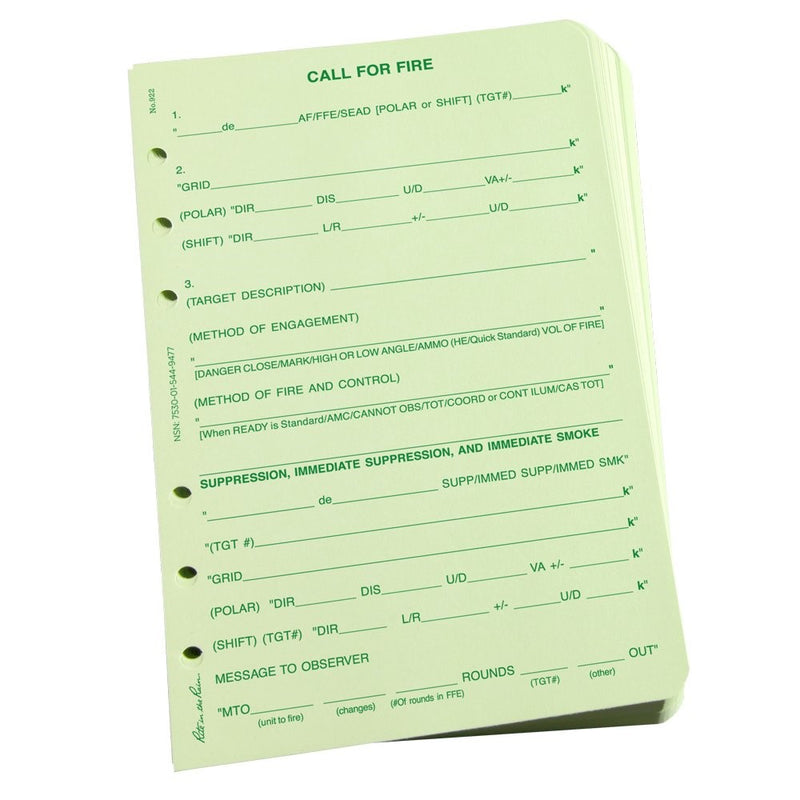 Rite in the Rain All-Weather Loose Leaf Paper, 4 5/8" x 7", 32# Green, Call For Fire Pattern, 100 Sheet Pack (No. 922)