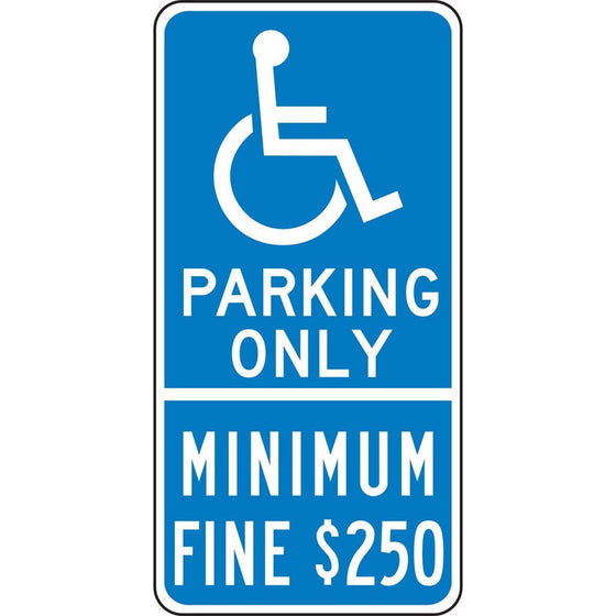 Accuform Signs FRA170RA Engineer-Grade Reflective Aluminum Handicapped Parking Sign (California), Legend "(HANDICAP) PARKING ONLY - MINIMUM FINE $250" with Graphic, 24" Length x 12" Width x 0.080" Thickness, White on Blue
