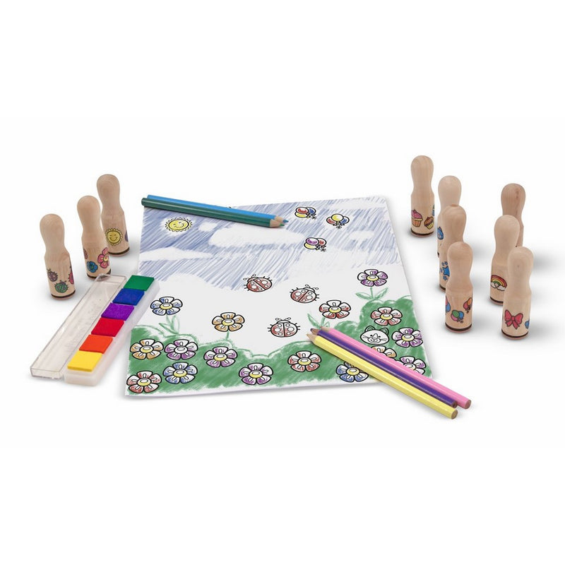Melissa & Doug Deluxe Happy Handle Stamp Set With 10 Stamps, 5 Colored Pencils, and 6-Color Washable Ink Pad