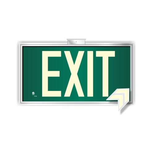 Photoluminescent Exit Sign Green Framed Flag/Ceiling Mount (Includes Removable Arrows)