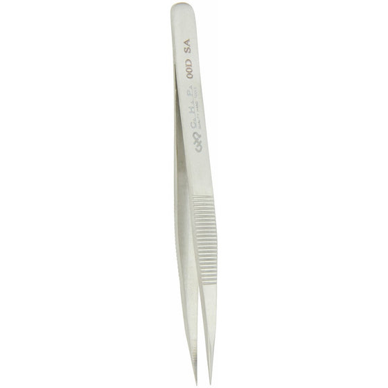 Hakko CHP 00D-SA Fine-Tip Tweezers, Straight, Serrated Fine-Point Tips, Non-Magnetic Stainless Steel, Corrosion-Resistant, Serrated Grip, 4-1/2" Length