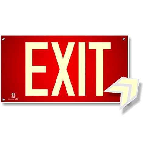 Photoluminescent Exit Sign Red W/Holes and Hardware - Aluminum Code Approved UL 924/IBC 2012/NFPA 101 2012