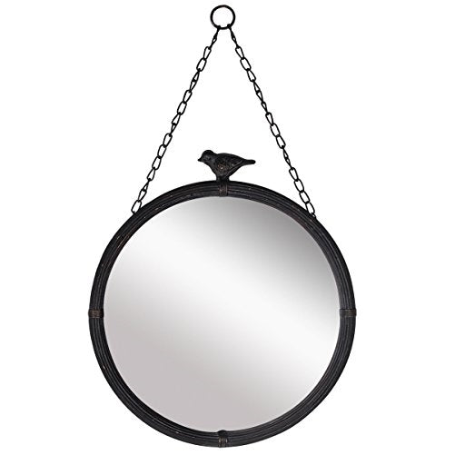 NIKKY HOME 11.25" Vintage Round Metal Framed Wall Mounted Mirror with Bird, in Matt Black