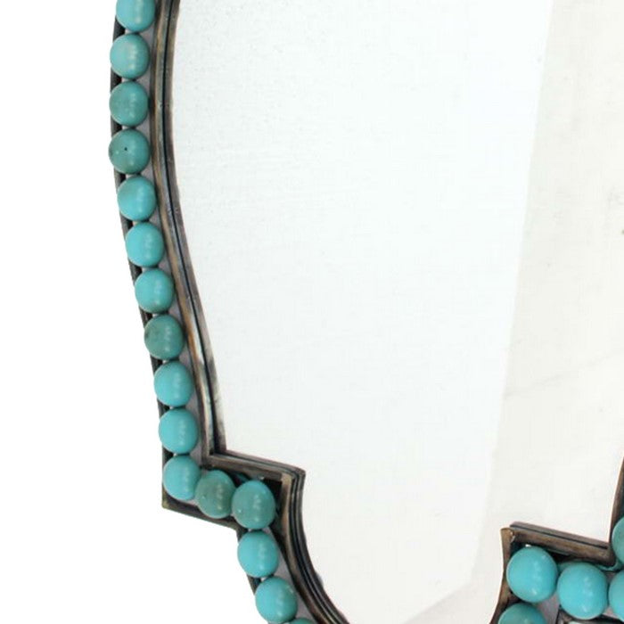 Quatrefoil Shape Metal Wall Mirror with Pearl Accents, Blue and Brown