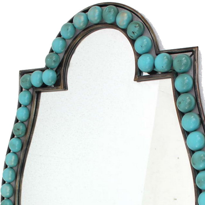 Quatrefoil Shape Metal Wall Mirror with Pearl Accents, Blue and Brown